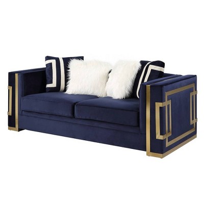 80" Blue Velvet Loveseat with Gold Metal Trim