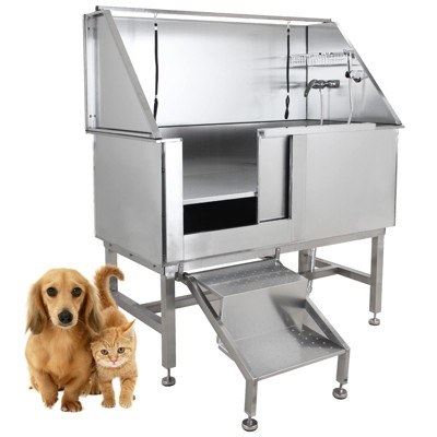 Garvee 50 Inch Dog Grooming Bathtub, Professional 201 Stainless Steel Dog Bathing Tub with Stairs, Floor Grate, Faucet, Left Sliding Door