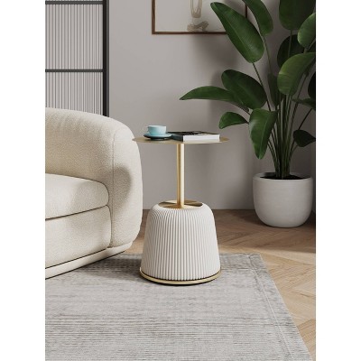 Cream and Gold Round Metal Accent Table with Ridged Base