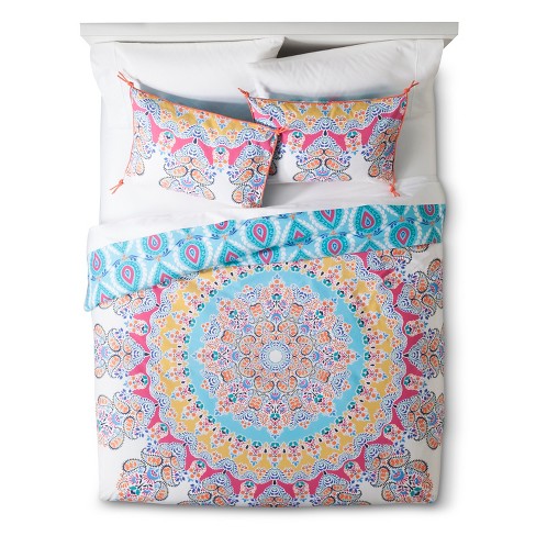 Blue Pink Gypsy Rose Medallion Reversible Duvet Cover Set Full