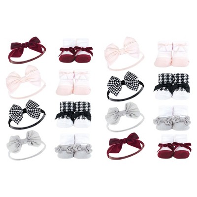 Hudson Baby Infant Girl 16Pc Headband and Socks Giftset, Houndstooth Burgundy, One Size