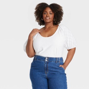 Women's Puff Short Sleeve Eyelet Peasant Top - Ava & Viv™ - 1 of 3