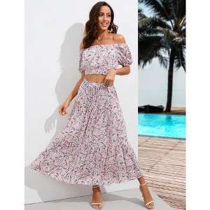 Women's Summer Floral Printed 2 Piece Outfit Off Shoulder Crop Top and Boho Tropical Long Skirt Set - 1 of 4