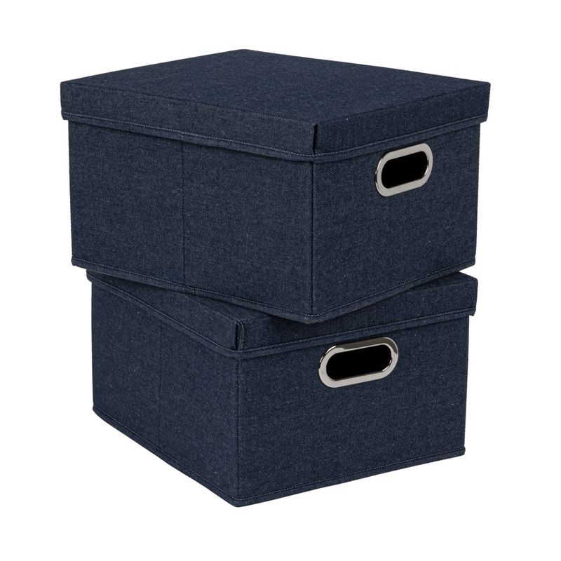 Household Essentials Set of 2 Collapsible Cotton Blend Storage Box with Lid and Metal Grommet Handle Denim, 1 of 11