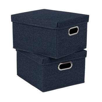 Household Essentials Set of 2 Collapsible Cotton Blend Storage Box with Lid and Metal Grommet Handle Denim