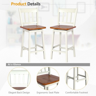 White and Wood Swivel Bar Stools with Metal Frame, Set of 2