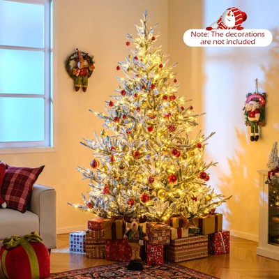 Costway 6/7/8 FT Artificial Christmas Tree with 762/1074/1470 Flocked Branch Tips, 340/450/580 Warm White LED Lights