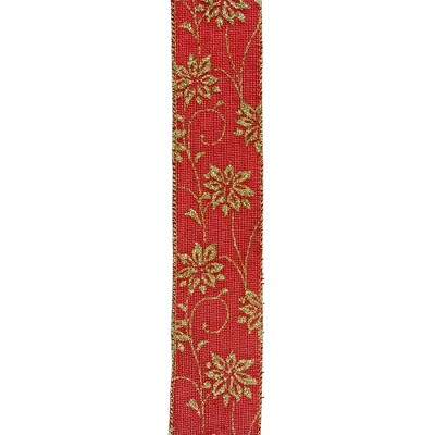Northlight Club Pack of 12 Cranberry Red and Gold Poinsettia Wired Craft Ribbons 2.5" x 120 Yards