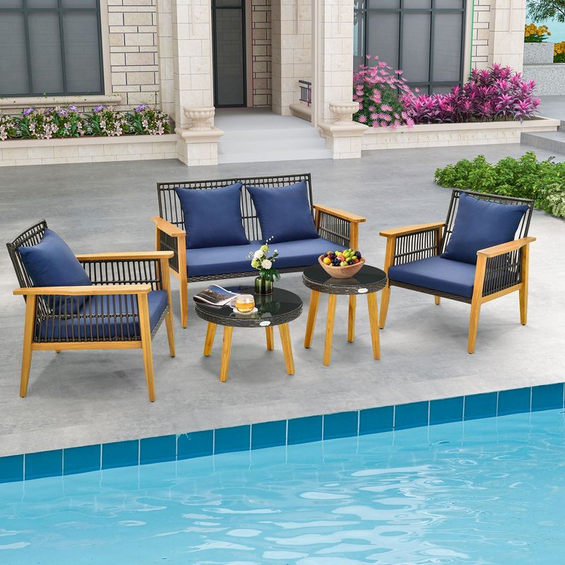 Costway 5PCS Outdoor Rattan Woven Conversation Set Stable Acacia Wood Frame for Backyard Navy/Beige, 5 of 11