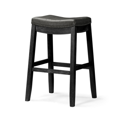 Maven Lane Sophia Backless Bar Stool In Aged Black Finish with Charcoal Black Vegan Leather