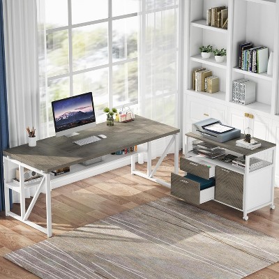 L-shaped desk with white frame and wood top in a home office with bookshelf