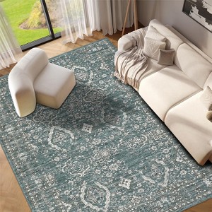 Washable Area Rug Large - Non Slip Stain Resistant Ultra Thin Foldable Distressed Vintage Floral Carpet for Living Room Nursery Home - 1 of 4