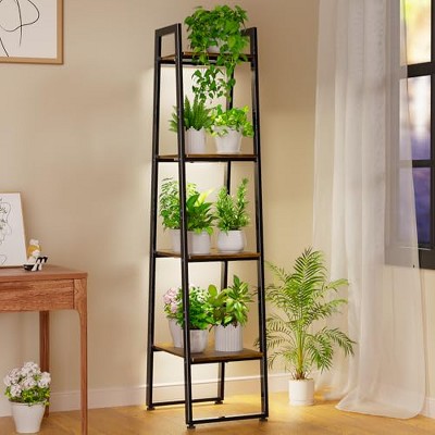 Simple Trending Plant Stand Indoor with Grow Lights, 4 Tier Metal Plant Shelf, Heavy Duty Ladder Plant Display Holder, Black