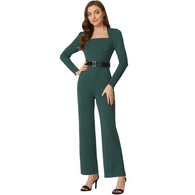 Allegra K Women's Elegant Square Neck Long Sleeve Wide Leg Long Pants Dressy Jumpsuit