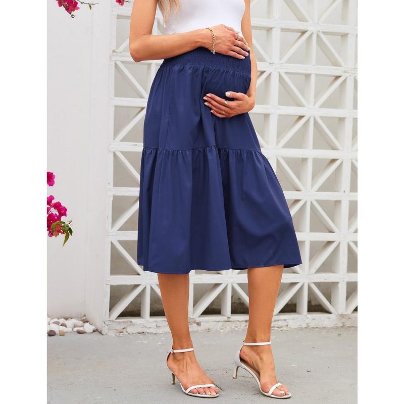 Women's High Elastic Empire Waist Maternity Skirt Summer Casual Floral Pleated Swing A Line Flowy Midi Skirts with Pockets, 3 of 9