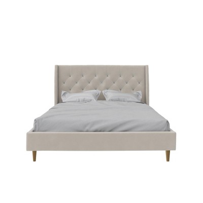 Ivory Velvet Queen Platform Bed with Diamond Tufted Wingback Headboard