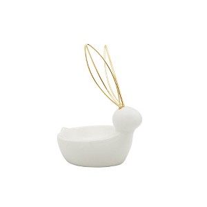Sagebrook Home 6" Ceramic Trinket Tray - Bunny Rabbit Jewelry Holder in White with Gold Metal Ears - Decorative Jewelry Storage - 1 of 4