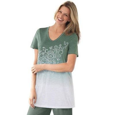 Woman Within Women's Plus Size Short-Sleeve V-Neck Embroidered Dip Dye Tunic