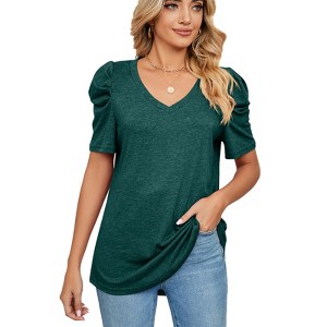 Women's V-Neck Ruched Puff Short Sleeve T-Shirt Casual Loose Tunic Tops - 1 of 4