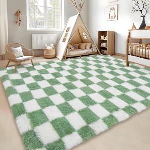 Fluffy Runner Rug Ultra-Soft Shaggy Carpet Runner with Non-Slip Backing, Modern Checkerboard Hallway Rug - 1 of 4