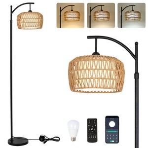 Gulches 72 in Brown Black Mid Century Bohemian 1-Light Smart Dimmable Arc Floor Lamp for Living Room with Rattan Fabric Drum Shade - 1 of 4