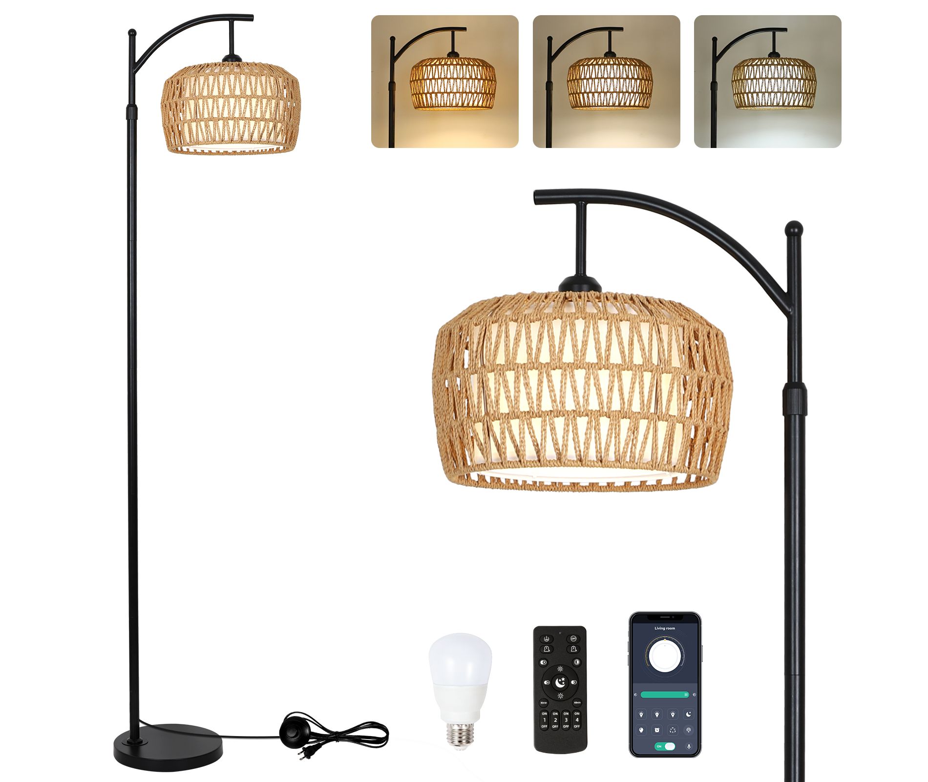 Gulches 72 in Brown Black Mid Century Bohemian 1-Light Smart Dimmable Arc Floor Lamp for Living Room with Rattan Fabric Drum Shade