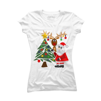 Junior's Design By Humans Funny Cute Santa Claus and Christmas Reindeer by Tree By SmileToday T-Shirt