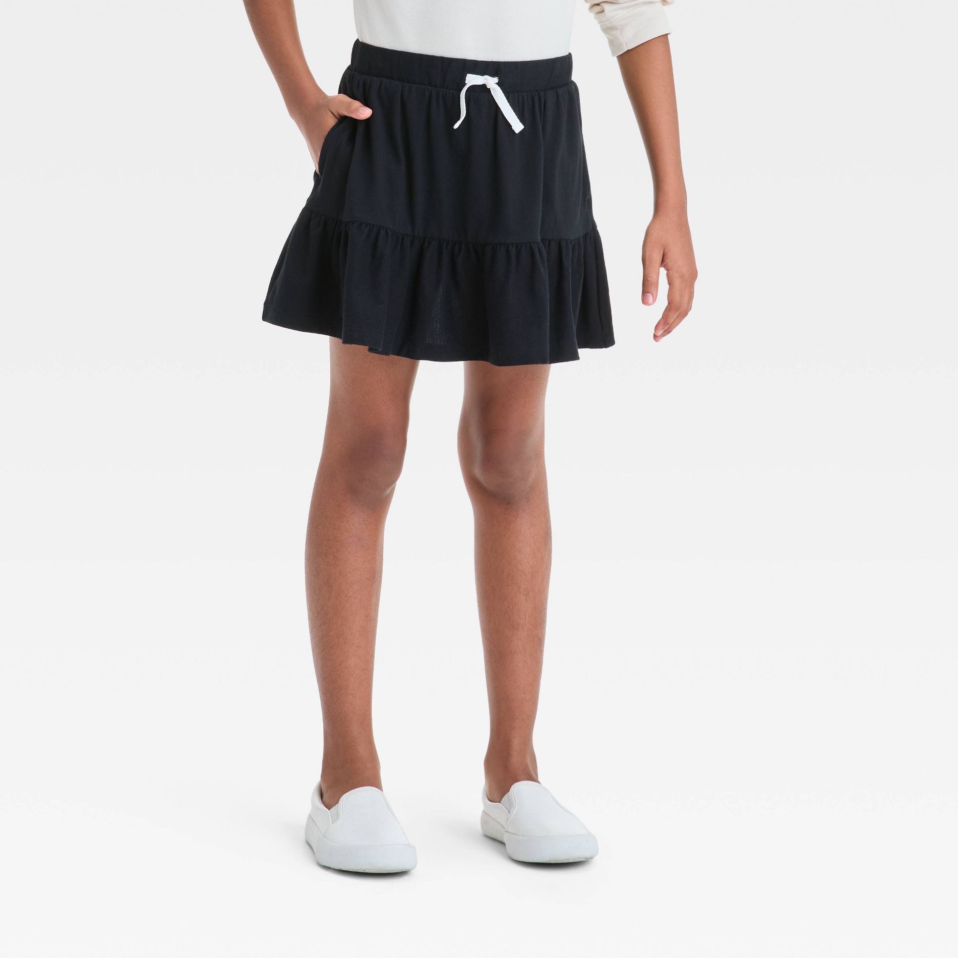 Girls' Tiered Knit Skort - Cat & Jack™ Black S: Midweight Jersey, Elastic Waist, Built-in Shorts