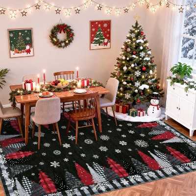 Christmas Area Rugs, Washable Buffalo Plaid Xmas Tree Merry Christmas Area Rug, Non-Slip Soft Thin Throw Carpet Non-Shedding for Living Room