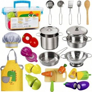 Play Kitchen Accessories, Wooden Food, Cooking Set with Stainless Steel Pots, Apron, Chef Hat, Cutting Food Playset - 1 of 4