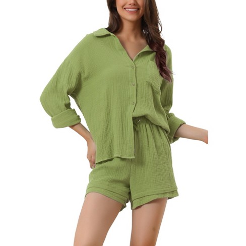 Cheibear Women's Satin Button Down Sleepwear Shirt With Shorts Pj