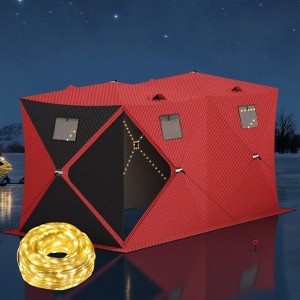 Portable Pop-Up Ice Fishing Tent, Fits 2-3 Person Ice Fishing Shelter, Insulated Hub Shelter with Anchors, Ropes, Light Strip & Carry Bag, Red+Black - 1 of 4