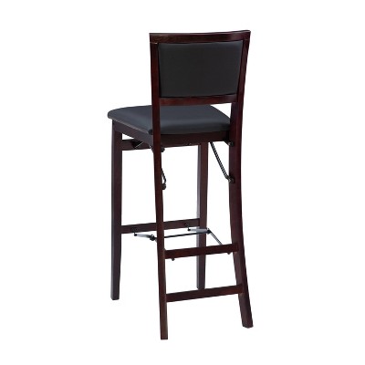 30" Espresso Brown Faux Leather Folding Bar Stool with Merlot Wood Frame
