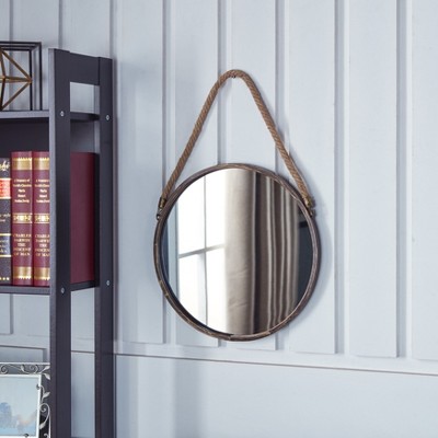 Rustic Round Gold Patina Mirror with Hanging Rope