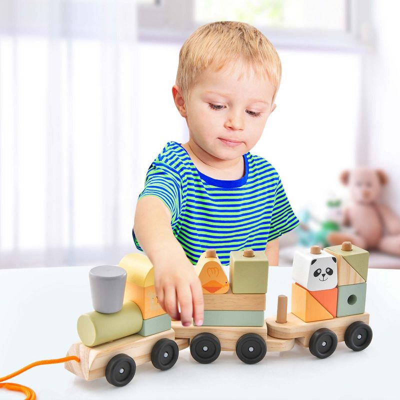 Costway Kids Wooden Train Set Toddler 3-Section Toy Train with Stackable Building Blocks, 4 of 10