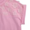 Girls Short Sleeve T-Shirt Top Solid Roll Up Cuffs Crew Neck Fashion Tees with Spliced 3D Floral 3-12Y - 4 of 4