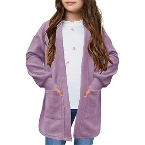 BLUEMING Girls Long Sleeve Button Front Knit Cardigan Plush Comfort Loose Fit Sweater with Functional Pockets Playful Cover Up - 1 of 4