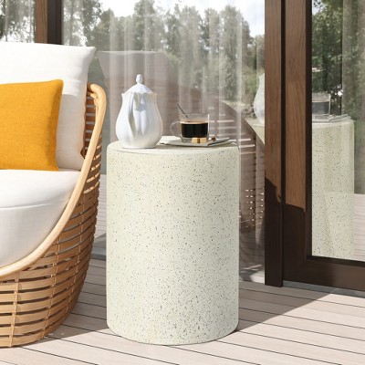 Off-White and Gray Speckled Cement Round Patio Side Table