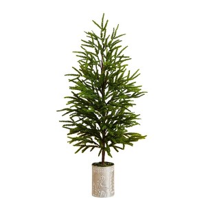 Nearly Natural 32" Artificial Real Touch Norfolk Island Pine in Christmas Tin Metal Planter with Natural Look - 1 of 4