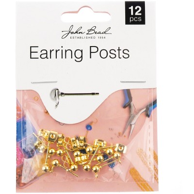 John Bead Must Have Findings Metal Gold 16x5mm Earring Posts with Ball for Jewelry Making Findings, 12 Pieces