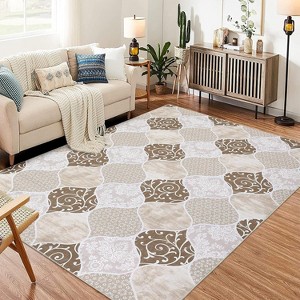 Geometric Trellis Area Rug - Modern Neutral Washable Rug, Non-Slip Low-Pile Indoor Carpet for Living Room, Bedroom, Dining Room Office - 1 of 4