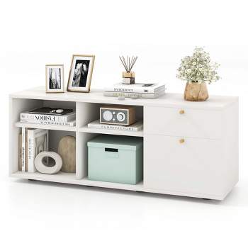 Costway Storage Cabinet with 2 Drawers 4 Cubes Adjustable Feet Floor Display Cabinet White
