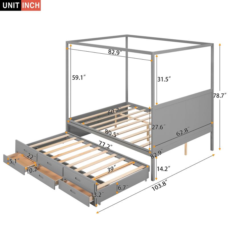 Queen Size Canopy Platform Bed with Twin Size Trundle Bed and Three Storage Drawers-ModernLuxe, 2 of 11