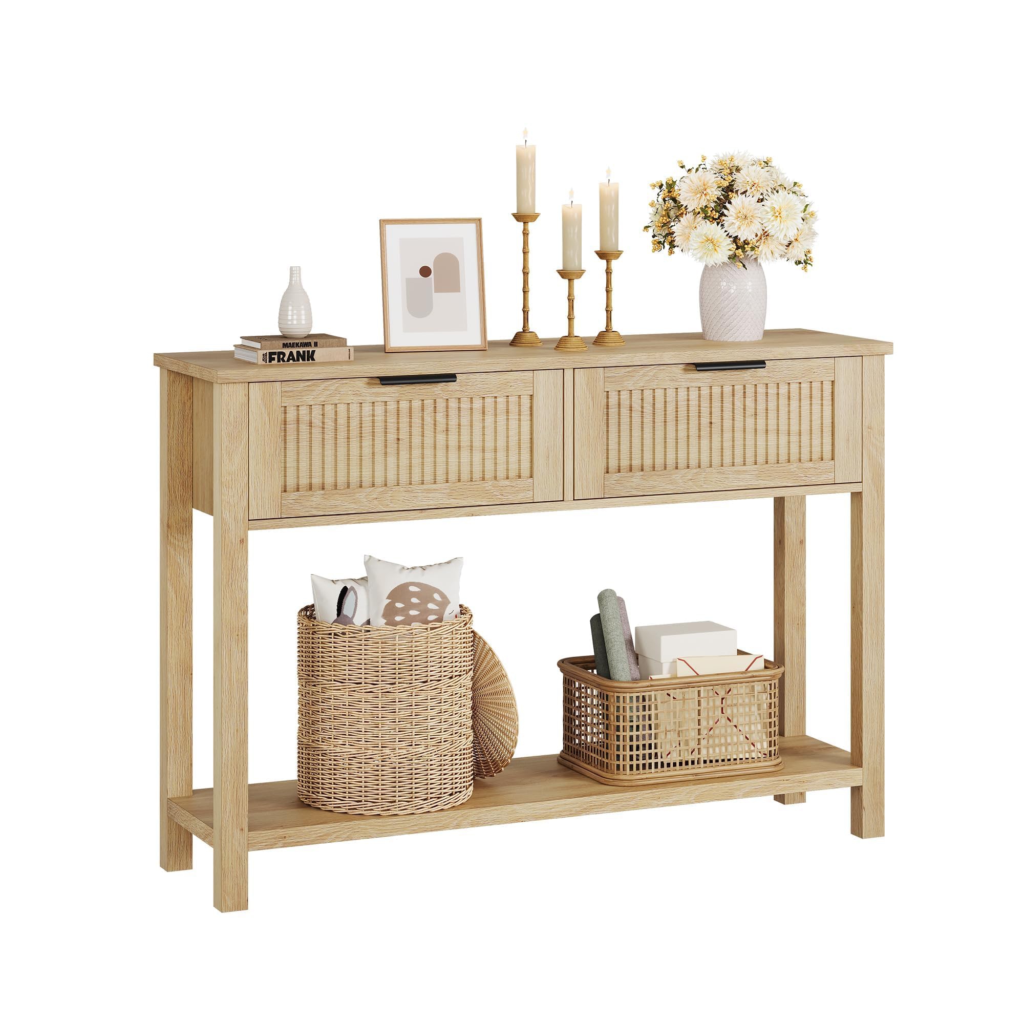Entryway Fluted Console Table ¨C 2-Drawer Narrow Accent Table with Storage Shelf, Natural Burlywood Wood Finish for Living Room, Hallway or Foyer