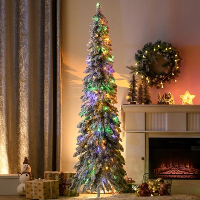 YOOCOZZ Christmas Decor-6ft Prelit Pencil Artificial Xmas Tree with 407 Snow Flocked Branches, 250 Warm White & Colorful LED Lights, Downswept Shape