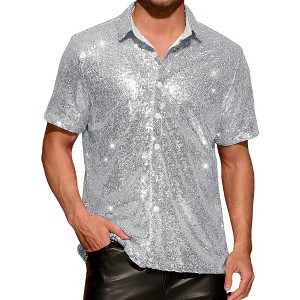 INSPIRE CHIC Men's Button Down Short Sleeve 70s Disco Metallic Sequin Shirts - 1 of 4