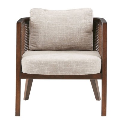 Sonia Mid-Century Walnut Wood Accent Chair with Camel Cushions