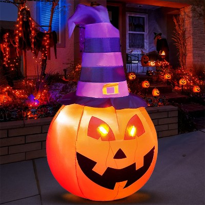 Joyfy 5 FT Halloween Inflatables Outdoor Decorations, Pumpkin Inflatable with Witch Hat, Built-in LEDs for Halloween Party Yard Garden Lawn Decoration