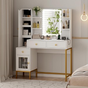 Makeup Vanity Desk, Adult Dressing Table, Vanity Desk with Lights in 3 Colors, Charging Station, Drawers, for Bathroom, Bedroom, White - 1 of 4