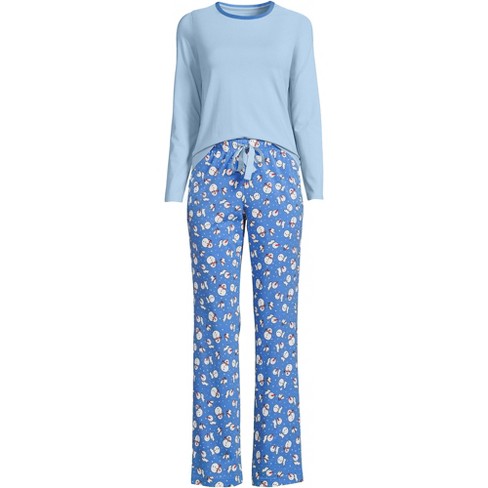 Lands' End Women's Tall Knit Pajama Set Long Sleeve T-shirt And Pants -  Medium Tall - Chicory Blue Snowman : Target